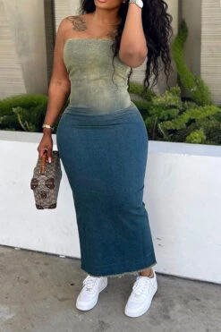 Gradient Denim Classic Bandeau Midi Dress -Clothing Outlet Store H23070713 BL 3