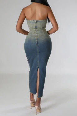 Gradient Denim Classic Bandeau Midi Dress -Clothing Outlet Store H23070713 BL 5