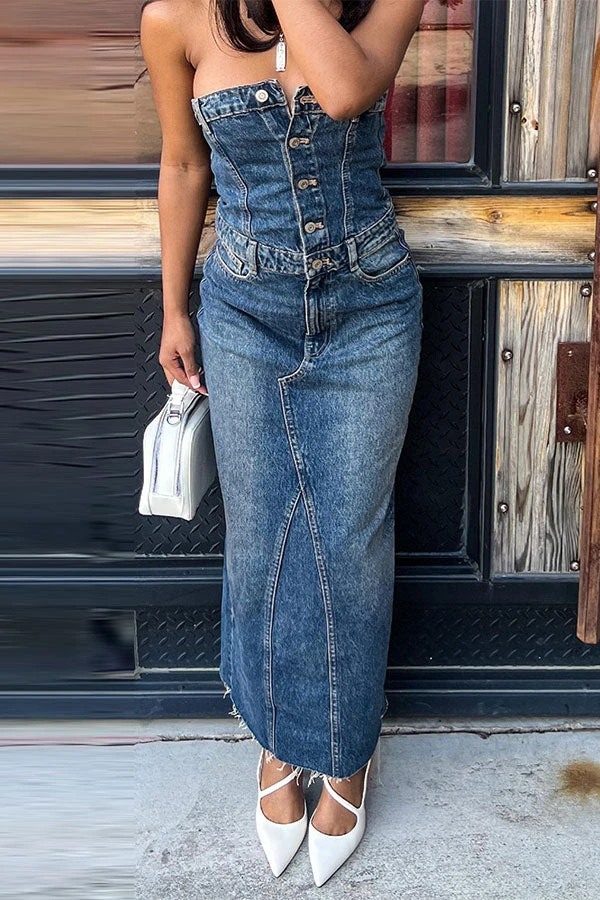 Bandeau Rocking Split Back Denim Midi Dress 3 Bandeau Rocking Split Back Denim Midi Dress - Image 3