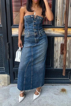 Bandeau Rocking Split Back Denim Midi Dress 9 Bandeau Rocking Split Back Denim Midi Dress -Clothing Outlet Store H23070717 BL 4