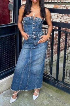 Bandeau Rocking Split Back Denim Midi Dress 10 Bandeau Rocking Split Back Denim Midi Dress -Clothing Outlet Store H23070717 BL 5