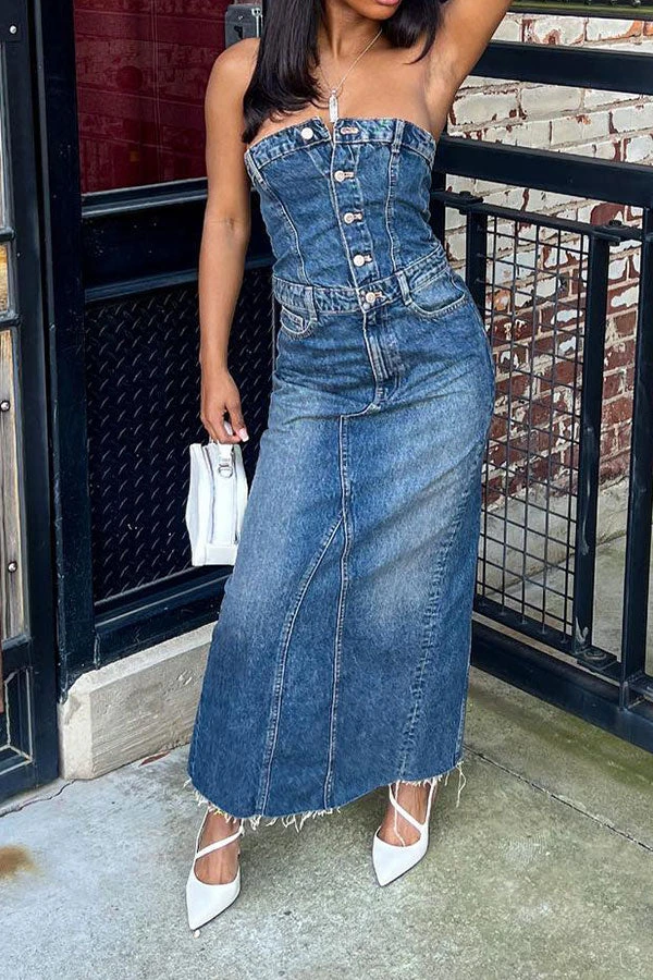 Bandeau Rocking Split Back Denim Midi Dress 6 Bandeau Rocking Split Back Denim Midi Dress - Image 6