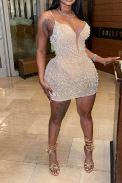 Beaded & Rhinestone Decor Glittery See-Through Mini Dress 6 Beaded & Rhinestone Decor Glittery See-Through Mini Dress -Clothing Outlet Store H23070755 AP 1