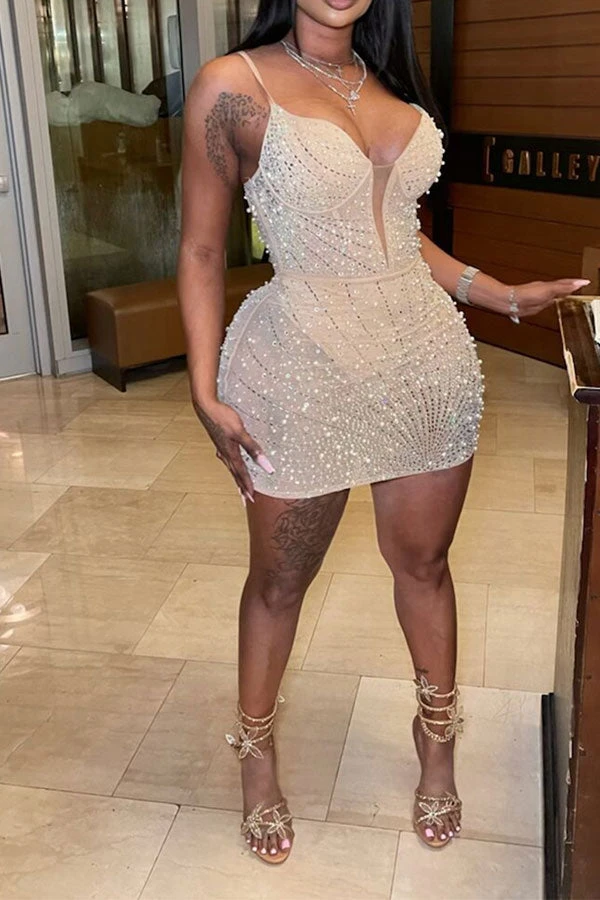 Beaded & Rhinestone Decor Glittery See-Through Mini Dress 3 Beaded & Rhinestone Decor Glittery See-Through Mini Dress - Image 3