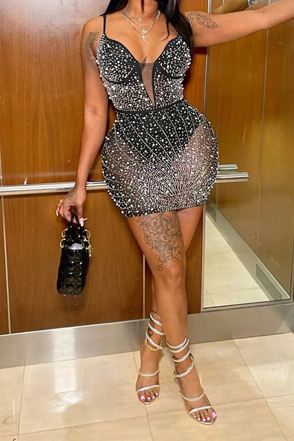 Beaded & Rhinestone Decor Glittery See-Through Mini Dress 1 Beaded & Rhinestone Decor Glittery See-Through Mini Dress