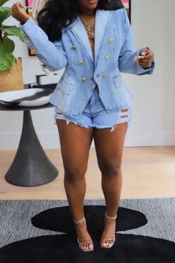 Gradient Denim Pretty Peak Lapel Blazer -Clothing Outlet Store H23070776 BL 3