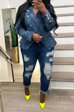 Gradient Denim Pretty Peak Lapel Blazer -Clothing Outlet Store H23070776 NB 1