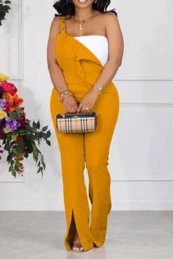 Solid Color Suspenders Commuting Split Hem Jumpsuit -Clothing Outlet Store H23071316 YE 1