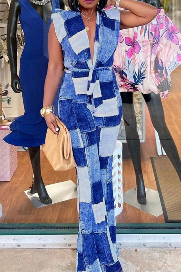 Denim Print Modern Deep V Neck Belted Jumpsuit 1 Denim Print Modern Deep V Neck Belted Jumpsuit