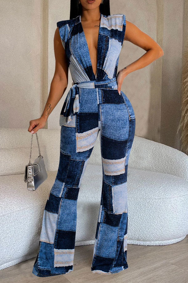 Denim Print Modern Deep V Neck Belted Jumpsuit 2 Denim Print Modern Deep V Neck Belted Jumpsuit - Image 2