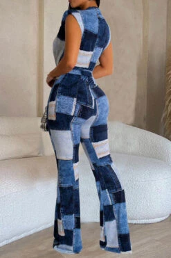 Denim Print Modern Deep V Neck Belted Jumpsuit 7 Denim Print Modern Deep V Neck Belted Jumpsuit -Clothing Outlet Store H23071318 BL 3