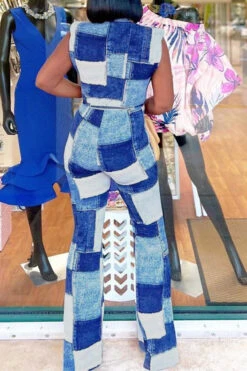 Denim Print Modern Deep V Neck Belted Jumpsuit 9 Denim Print Modern Deep V Neck Belted Jumpsuit -Clothing Outlet Store H23071318 BL 5