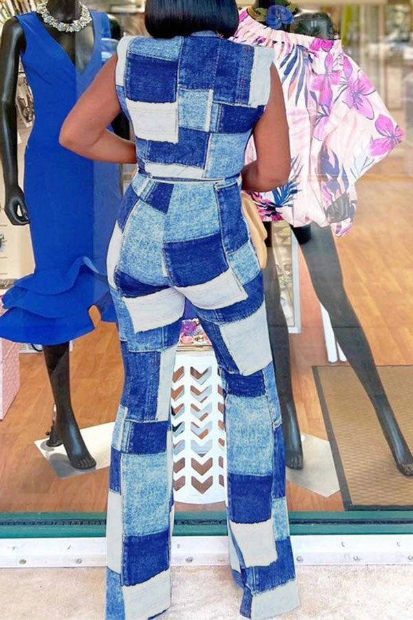 Denim Print Modern Deep V Neck Belted Jumpsuit 5 Denim Print Modern Deep V Neck Belted Jumpsuit - Image 5