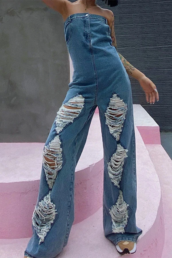 Ripped Unusual Bandeau Denim Jumpsuit 1 Ripped Unusual Bandeau Denim Jumpsuit
