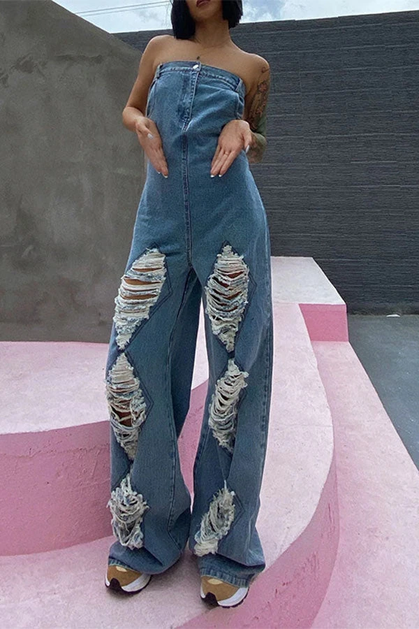 Ripped Unusual Bandeau Denim Jumpsuit 2 Ripped Unusual Bandeau Denim Jumpsuit - Image 2