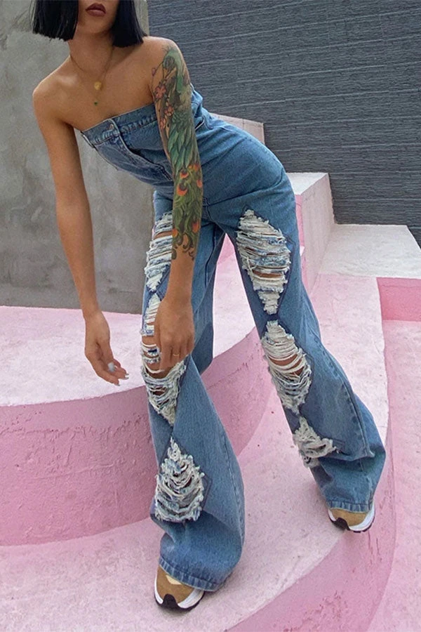 Ripped Unusual Bandeau Denim Jumpsuit 4 Ripped Unusual Bandeau Denim Jumpsuit - Image 4