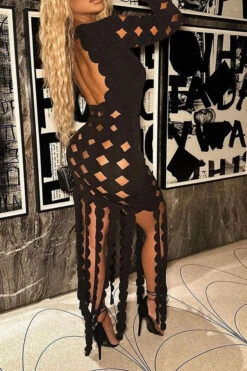 3D Round Leaves Hollow-Out Flirty Tassel Midi Dress -Clothing Outlet Store H23071365 BK 3