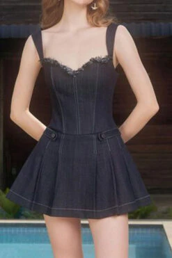 Patchwork Hot Pleated Denim Mini Dress -Clothing Outlet Store H23071368 BK 3