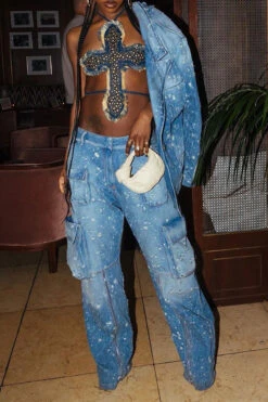 Ripped Cool Multi Pocket Gradient Tops & Jeans