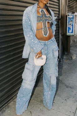 Ripped Cool Multi Pocket Gradient Tops & Jeans -Clothing Outlet Store H23071379 BL 3