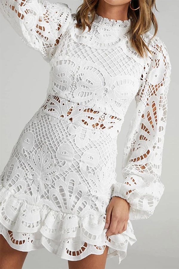 Hollow-Out Lace Girly Ruffle Mini Dress 3 Hollow-Out Lace Girly Ruffle Mini Dress - Image 3