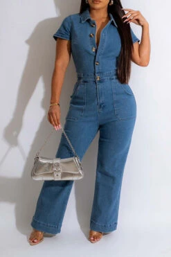 Solid Color Casual Button Thru Denim Jumpsuit