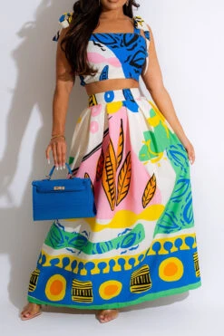 Cartoon Print Cute Tie Shoulder Skirt Suit