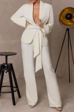 Solid Color Shawl Collar Urban Lace-Up Pant Suit