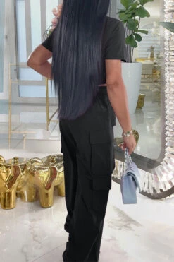 Solid Color Casual Multi Pocket Pant Suit -Clothing Outlet Store H23072102 BK 2