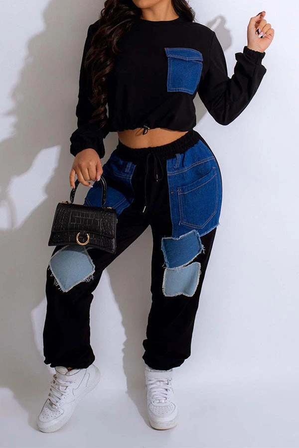 Applique Patchwork Sporty Drawstring Pant Suit 3 Applique Patchwork Sporty Drawstring Pant Suit - Image 3