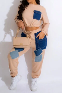 Applique Patchwork Sporty Drawstring Pant Suit 10 Applique Patchwork Sporty Drawstring Pant Suit -Clothing Outlet Store H23072110 KH 1