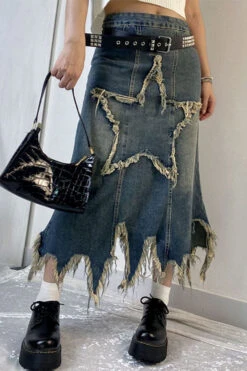 Star Applique Tassel Chic Irregular Denim Skirt