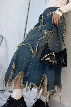Star Applique Tassel Chic Irregular Denim Skirt -Clothing Outlet Store H23072133 BL 3