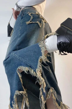 Star Applique Tassel Chic Irregular Denim Skirt -Clothing Outlet Store H23072133 BL 4