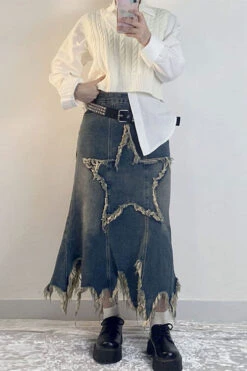 Star Applique Tassel Chic Irregular Denim Skirt -Clothing Outlet Store H23072133 BL 5