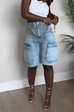 Gradient Casual Multi Pocket Denim Shorts -Clothing Outlet Store H23072142 BL 3