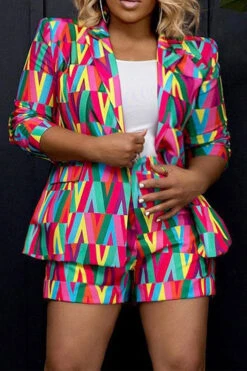 Chevron Print Colorful Peak Lapel Pant Suit