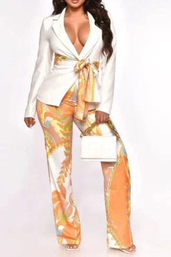 Retro Floral Print Notched Lapel Belted Pant Suit