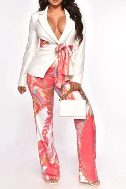 Retro Floral Print Notched Lapel Belted Pant Suit -Clothing Outlet Store H23072149 PI 1
