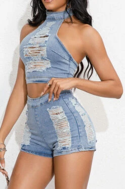 Ripped On-trend Denim Pant Suit -Clothing Outlet Store H23072150 BL 6