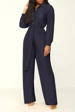 Solid Color Classic Belted Pleated Jumpsuit 28 Solid Color Classic Belted Pleated Jumpsuit -Clothing Outlet Store H23072186 BK 1