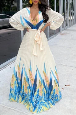 Leaf Print Classic Lace-Up Pleated Maxi Dress -Clothing Outlet Store H23080185 BL 1