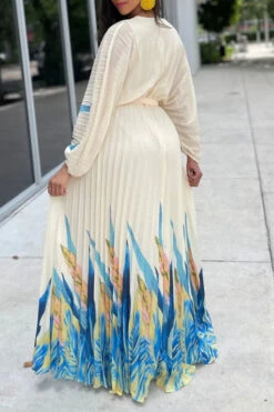 Leaf Print Classic Lace-Up Pleated Maxi Dress -Clothing Outlet Store H23080185 BL 2