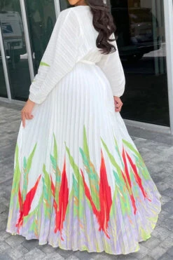 Leaf Print Classic Lace-Up Pleated Maxi Dress -Clothing Outlet Store H23080185 RE 2