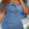 Feather Trim Off Shoulder Rocking Denim Mini Dress