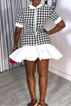 Patchwork Houndstooth On-trend Ruffle Mini Dress -Clothing Outlet Store H23080710 BK 3