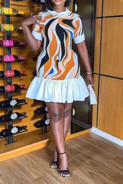 Patchwork Houndstooth On-trend Ruffle Mini Dress -Clothing Outlet Store H23080710 YE 2