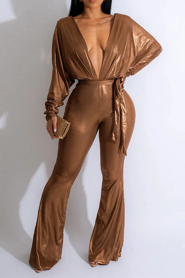 Metallic Striking Lace-Up Micro Flared Jumpsuit 1 Metallic Striking Lace-Up Micro Flared Jumpsuit