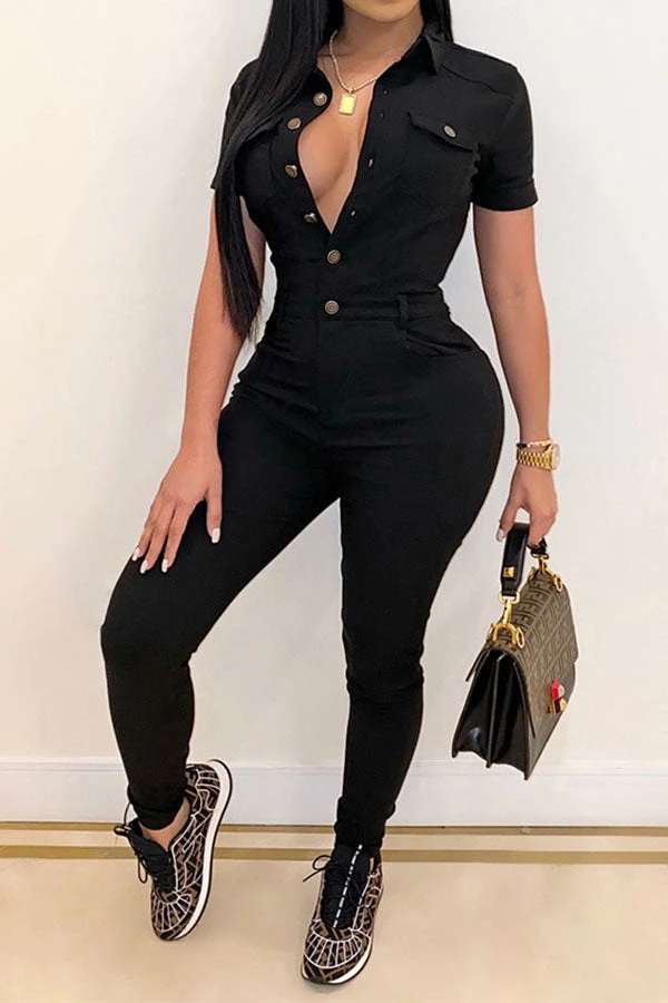 Solid Color Classic Button Thru Bodycon Jumpsuit 3 Solid Color Classic Button Thru Bodycon Jumpsuit - Image 3