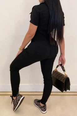 Solid Color Classic Button Thru Bodycon Jumpsuit 9 Solid Color Classic Button Thru Bodycon Jumpsuit -Clothing Outlet Store H23080739 BK 2